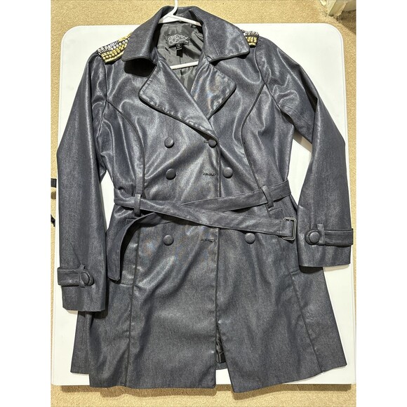Sharif Jackets & Blazers - Sharif 187 Couture Women's Embellished Metallic Blue/Black  Trench Coat - Size M